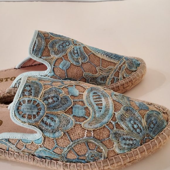 SESTO MEUCCI Sz 8 Lace Espadrille Mules Floral Applique Gold Blue Natural Color - Picture 4 of 16